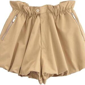 Women Front Button Zipper Balloon Hem Shorts Vintage Elastic Waist Medium